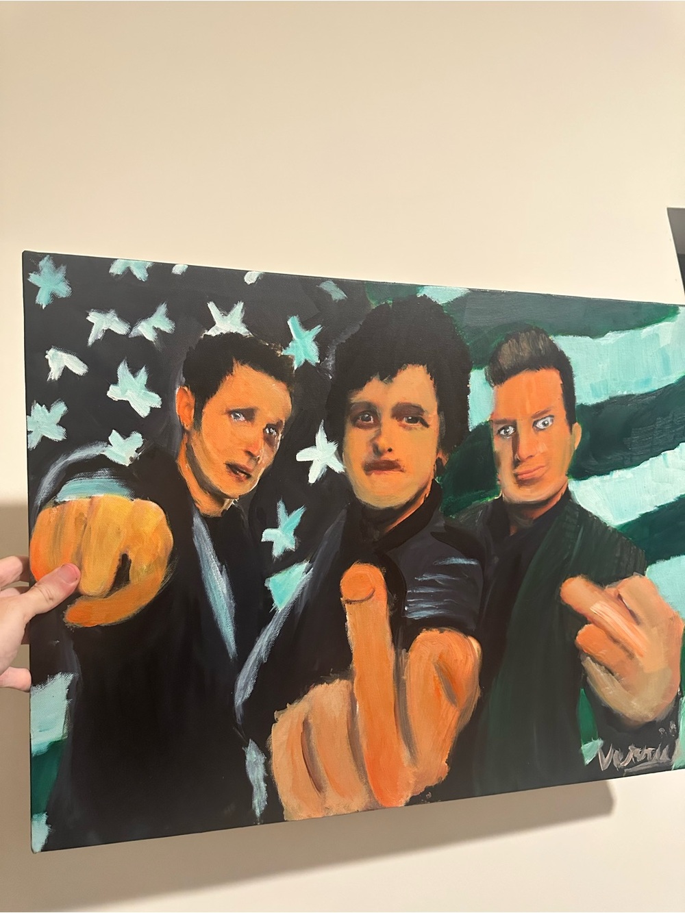 Hand-Painted Green Day 18x24 painting Portrait Canvas Art in Green and Black